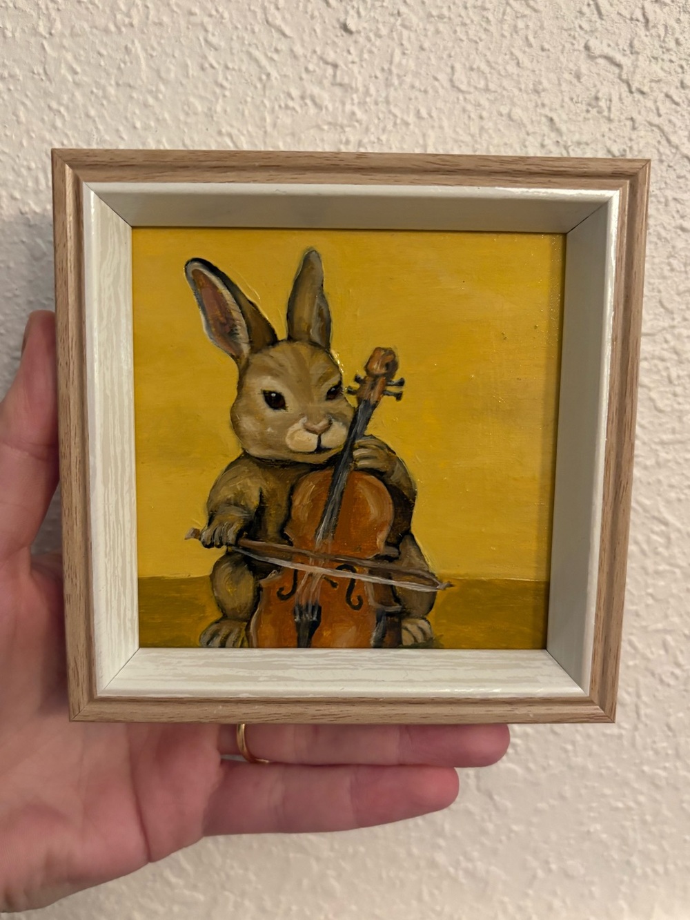 "Musical Bunny” Original oil painting on wood board mini framed 4x4"